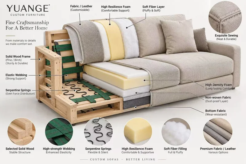 Annotated sofa frame and material construction