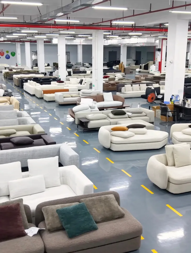 Furniture production floor with finished sofas