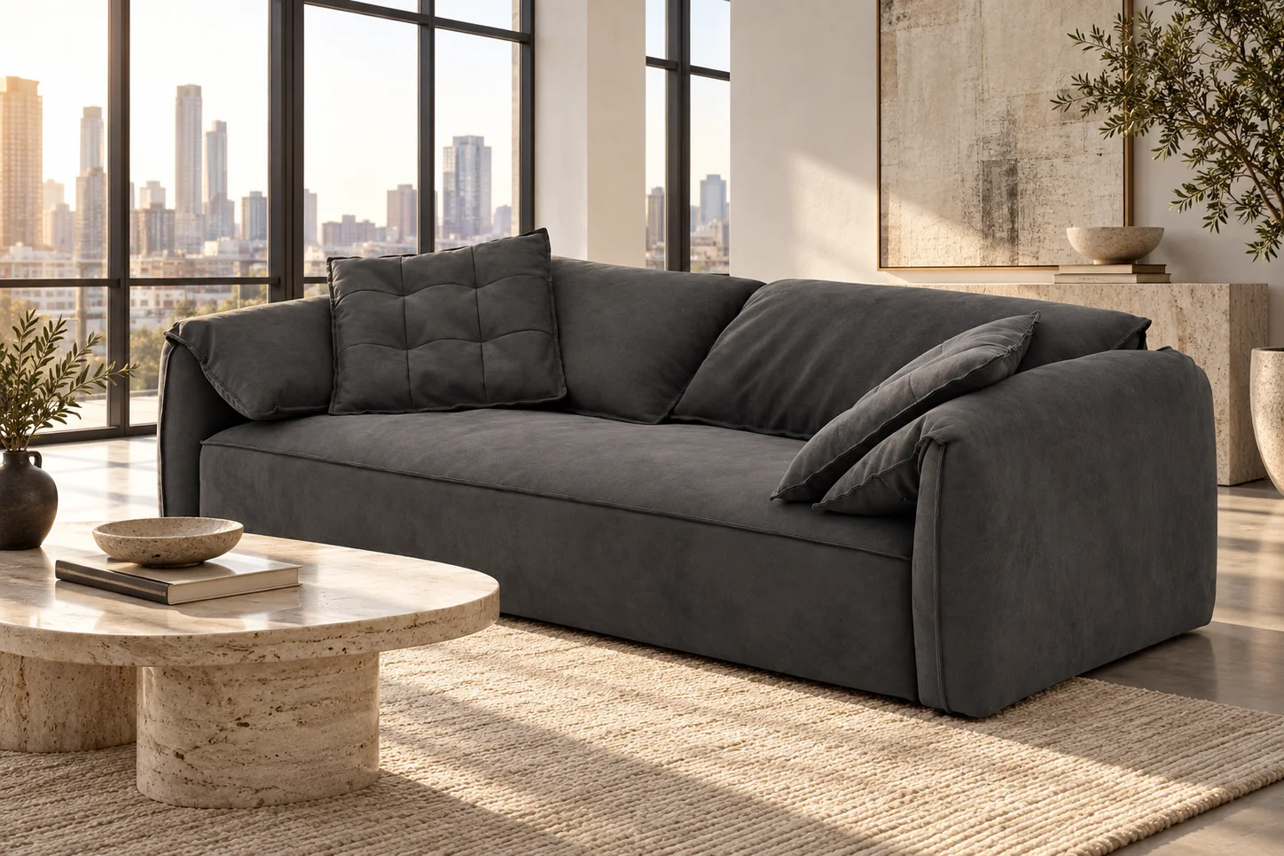 A deep chaise sectional in a warm modern living room